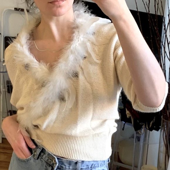 Bonnie and Bill Cream Angora Sweater Detachable Marabou Feather Collar Small VTG - Picture 11 of 16